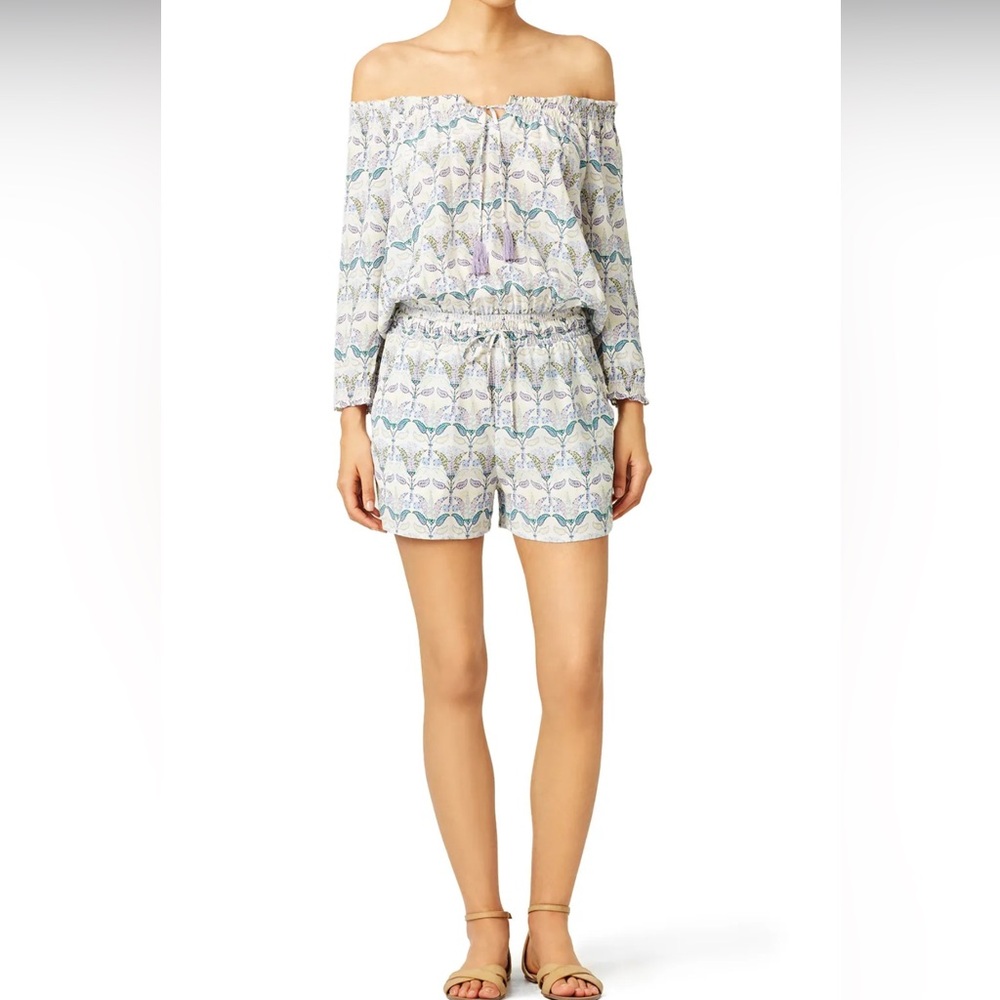 Off-Shoulder Printed Romper in White and Blue